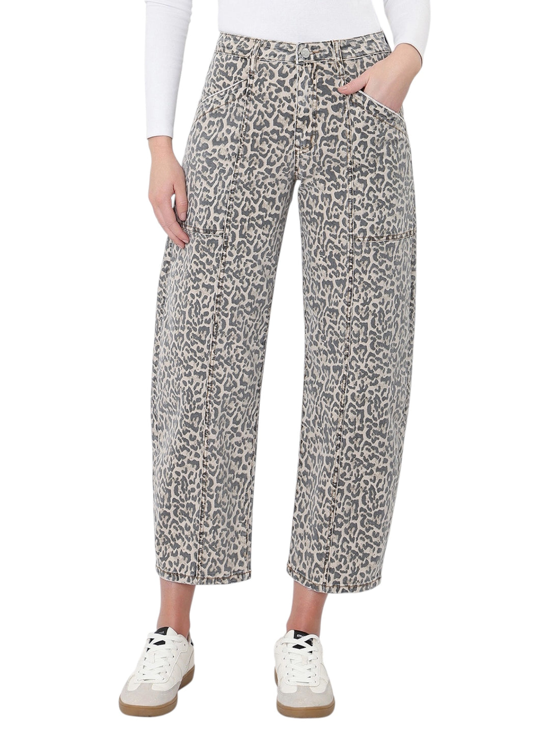 High Rise Leopard Barrel Jeans