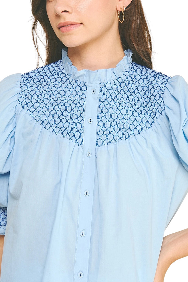 Farmer Embroidered Button Down Top