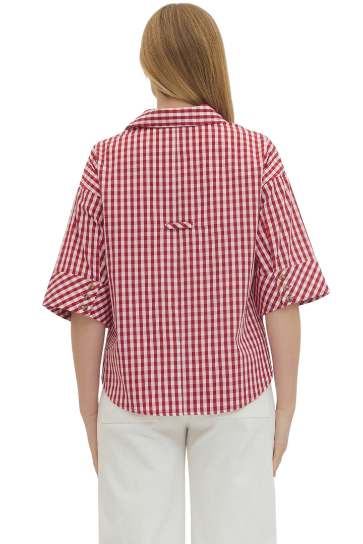 Whit Gingham Collared Top