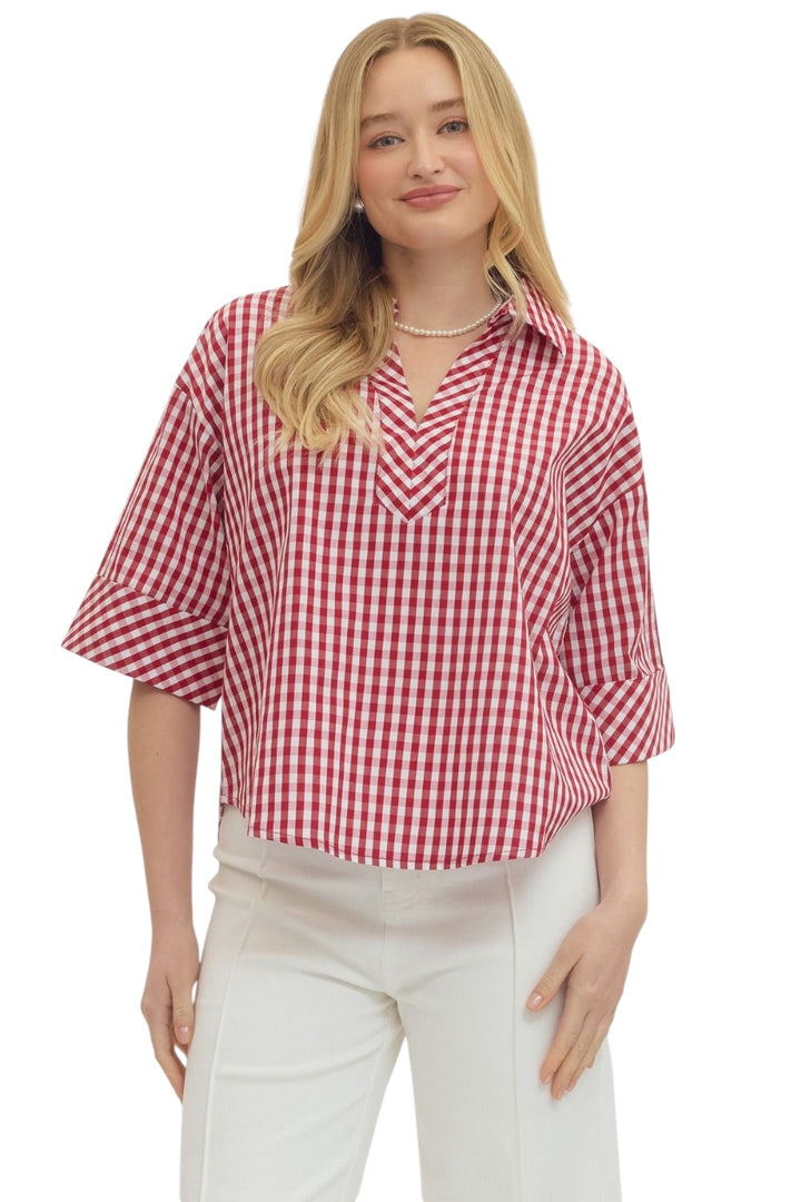 Whit Gingham Collared Top