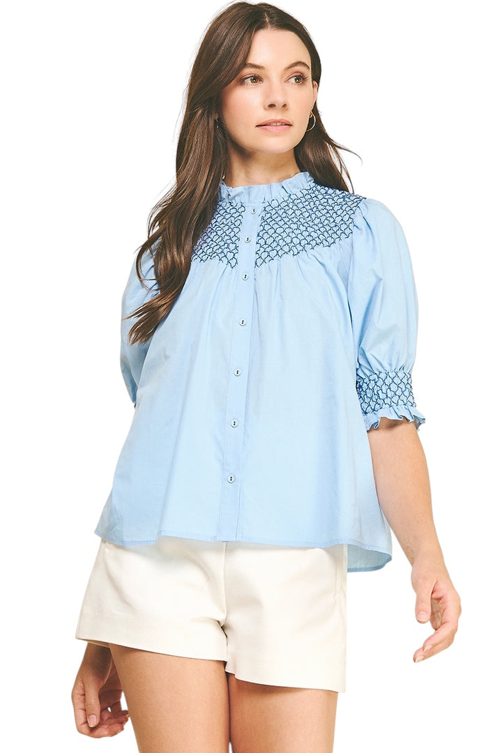 Farmer Embroidered Button Down Top