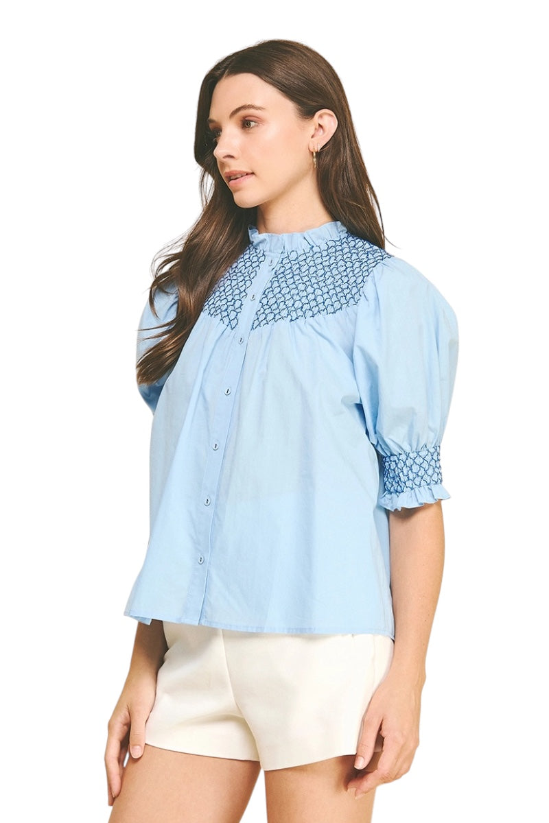 Farmer Embroidered Button Down Top