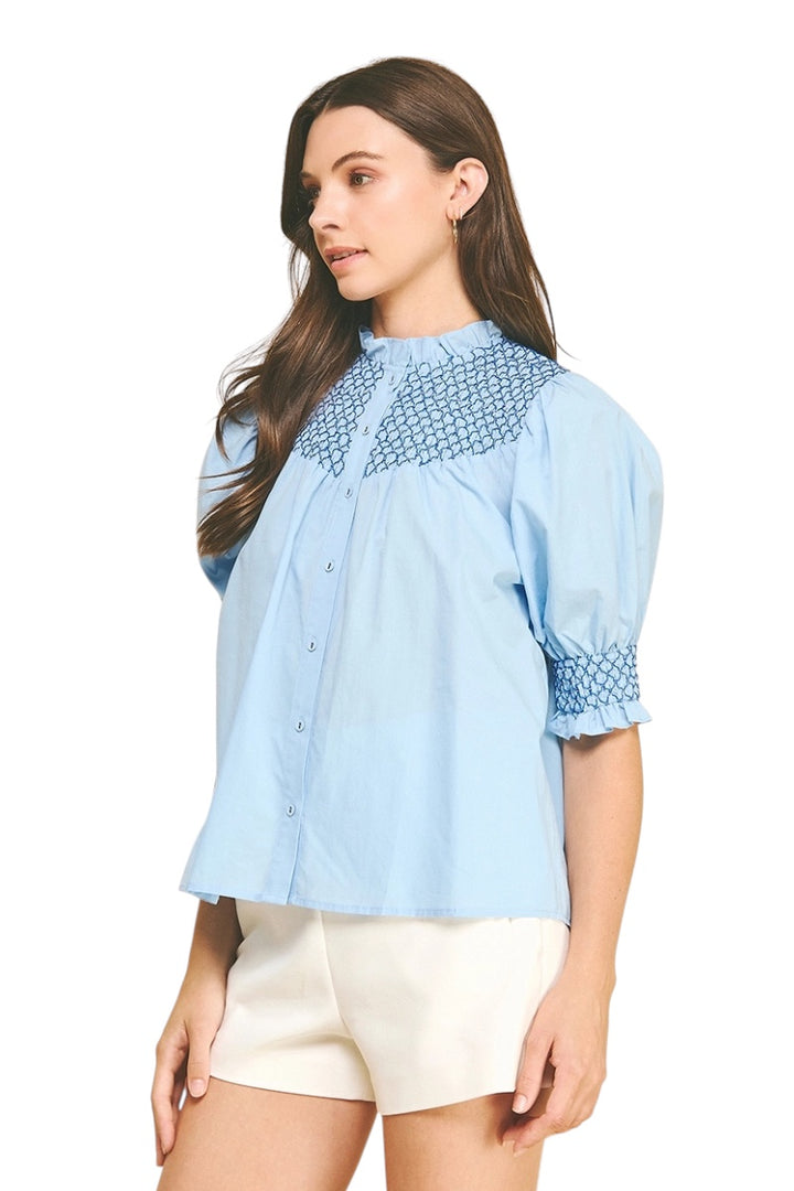 Farmer Embroidered Button Down Top