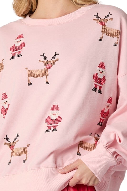 Santa & Rudolph Cross Stitch Pullover