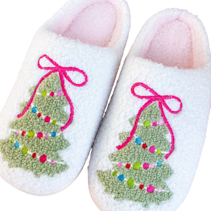 Pink Bow Christmas Tree Slippers