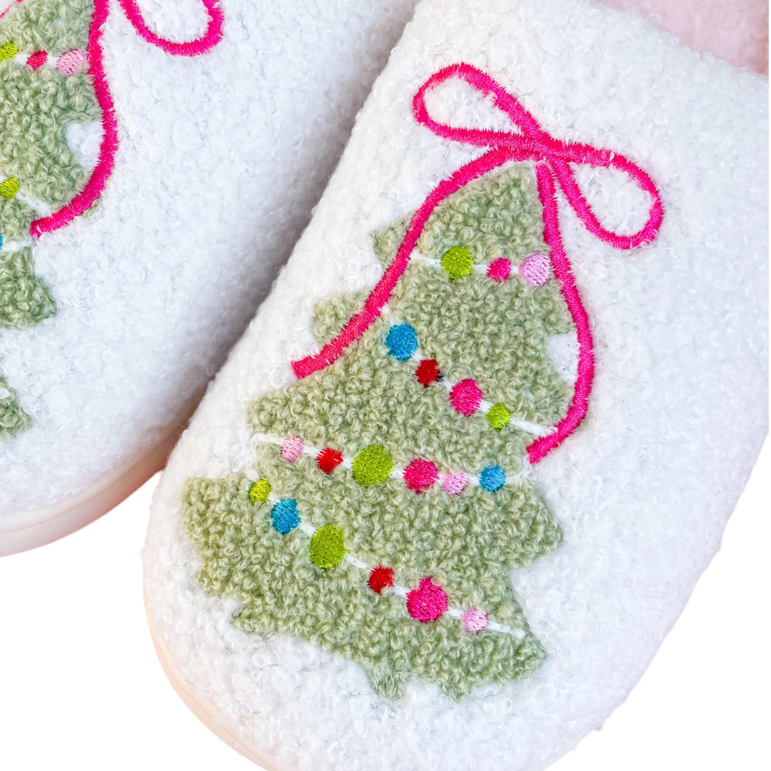 Pink Bow Christmas Tree Slippers