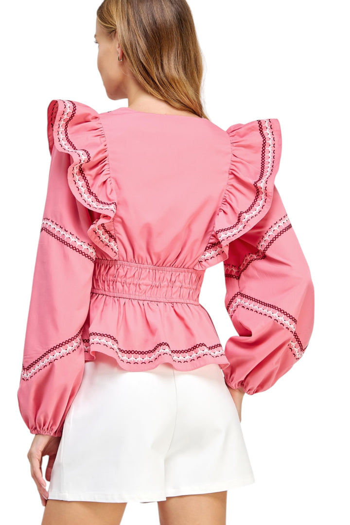 Bets Embroidered Ruffle Top