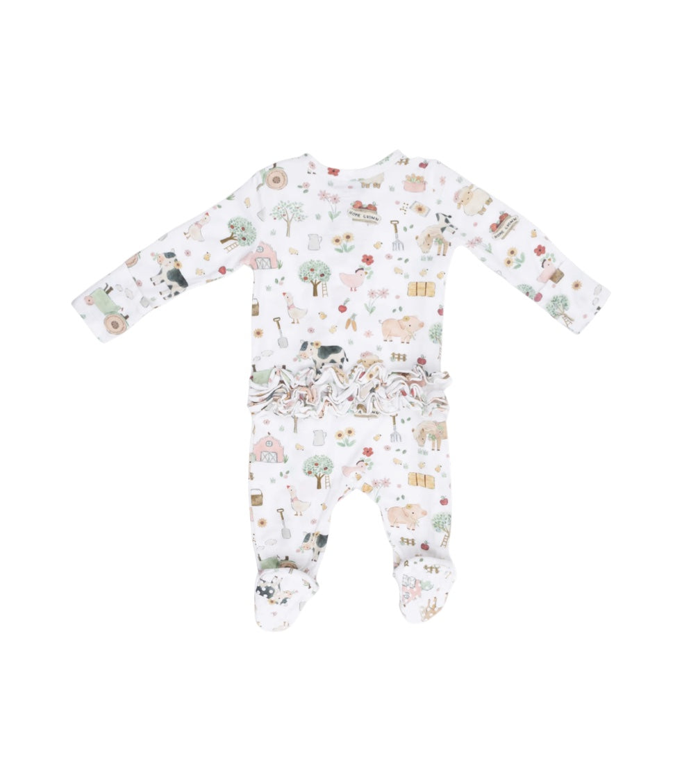 Cute Farm Animals Ruffle 2 Way Zipper Footie