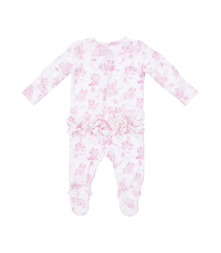 Pink Puppy Toile Ruffle 2 Way Zipper Footie
