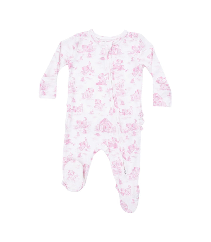 Pink Puppy Toile Ruffle 2 Way Zipper Footie